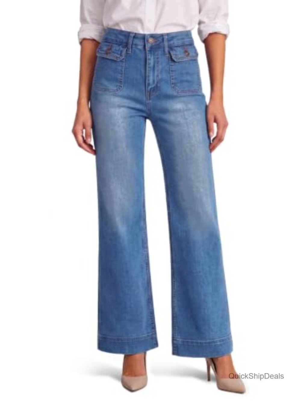 High Waisted Straight Leg Denim Jeans Patch Pockets Casual